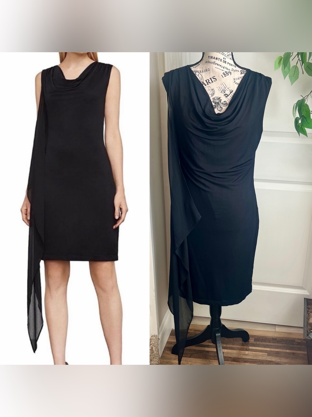 BCBGMaxAzria Malory Side Cascade Sleeveless Cocktail Dress Black Sz M